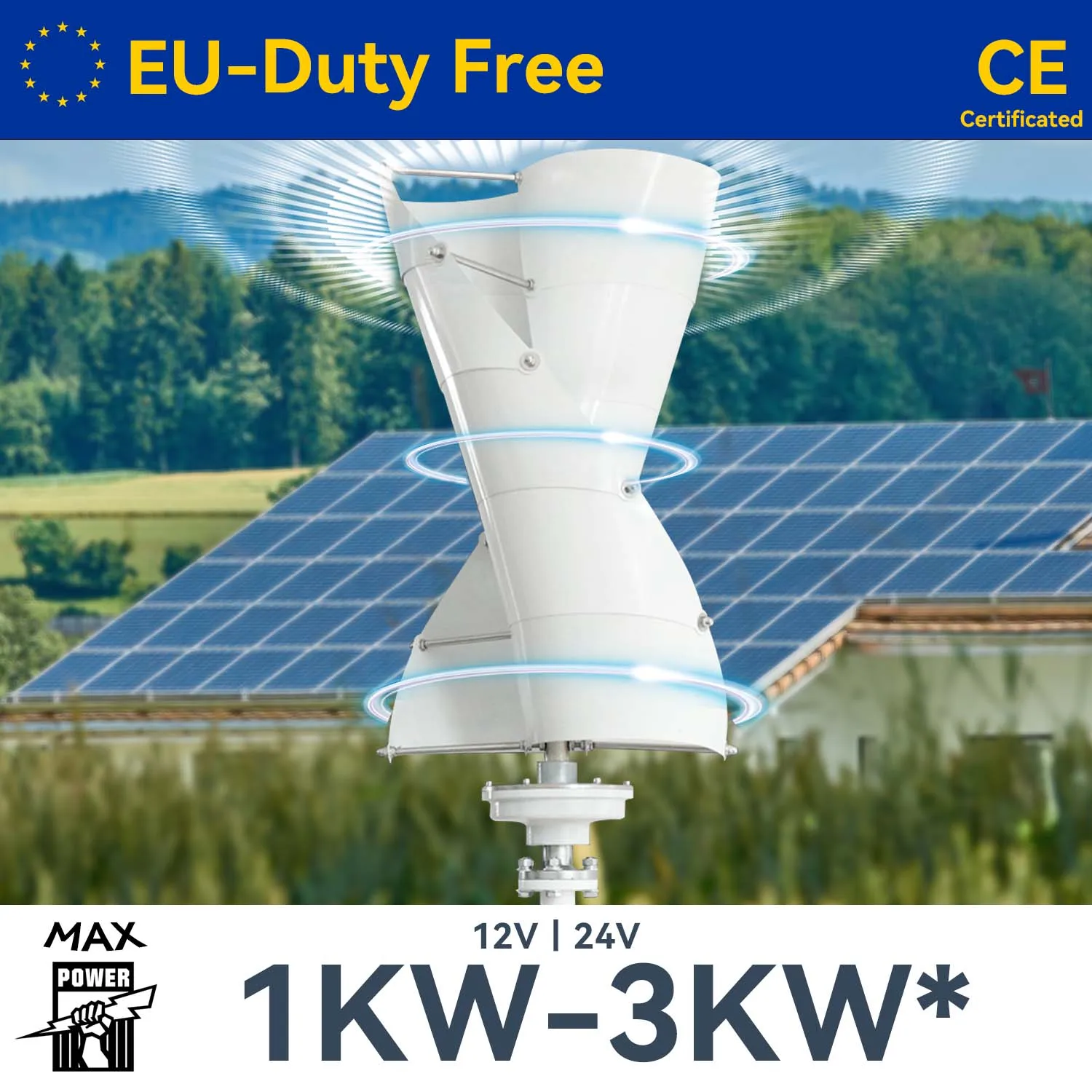 

EU Duty Free 3000W Wind Turbine Vertical Generator 3 Blades 3kw 12V24V Dynamo With Hybrid Solar Charger System For Farm Home Use