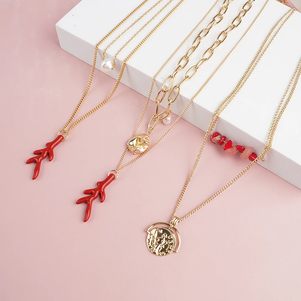 

Summer Beach Natural Pearl Stone Red Coral Shell Pendant Fashion Jewelry Accessories Ladies Necklace Exquisite
