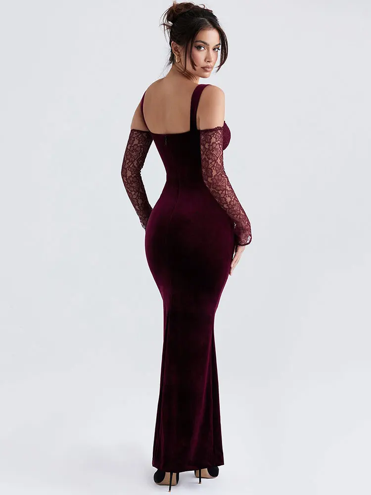 Sexy Women's Velvet Dresses 2022 Autumn Dress Strap Off Shoulder Lace Long Sleeve Bodycon Long Dress Evening Club Party Vestidos