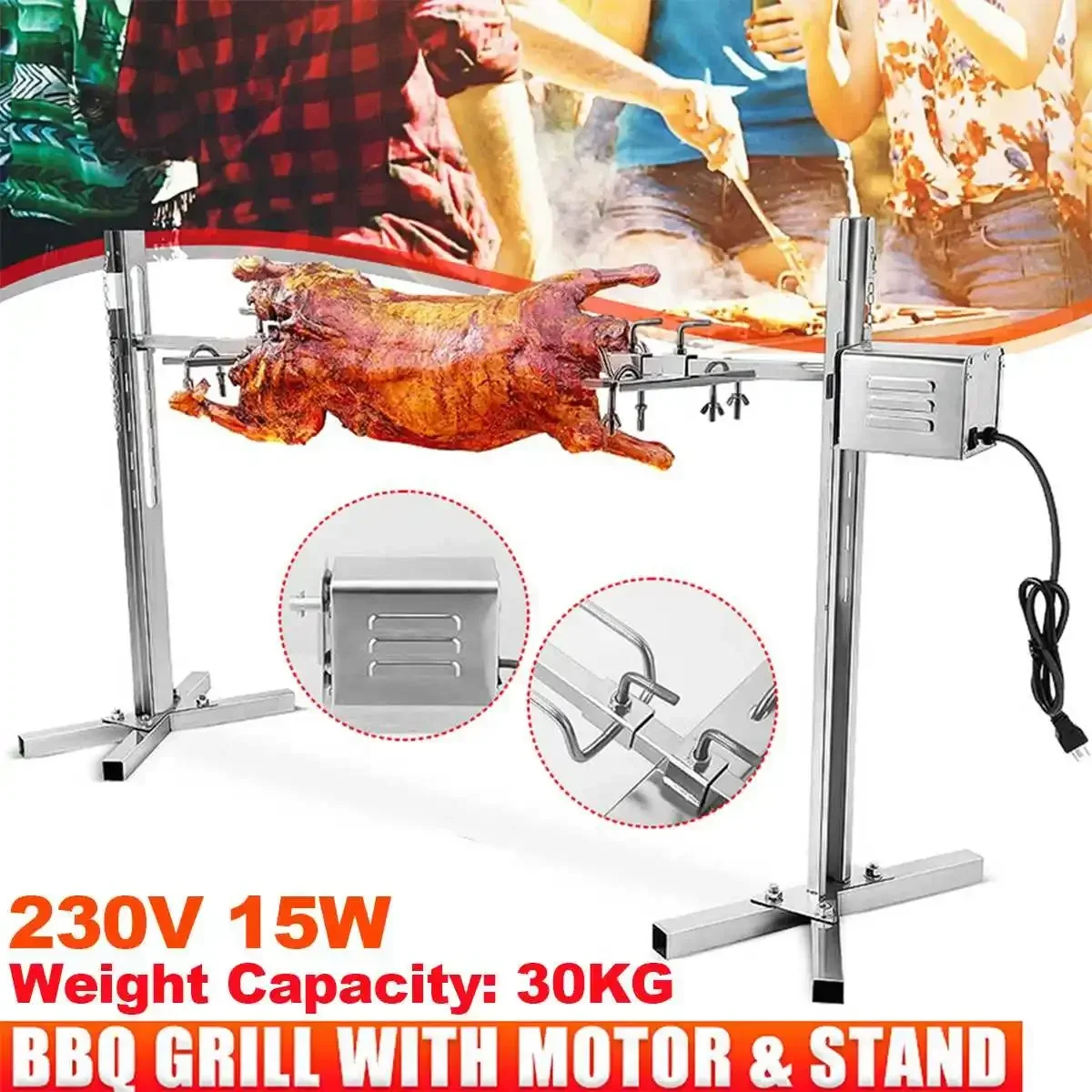 

15W 230V Stainless Steel Electric Motor BBQ Spit Roaster Grill Rod Outdoor Rotisserie Camping Barbecue Kits BBQ Tools EU Plug