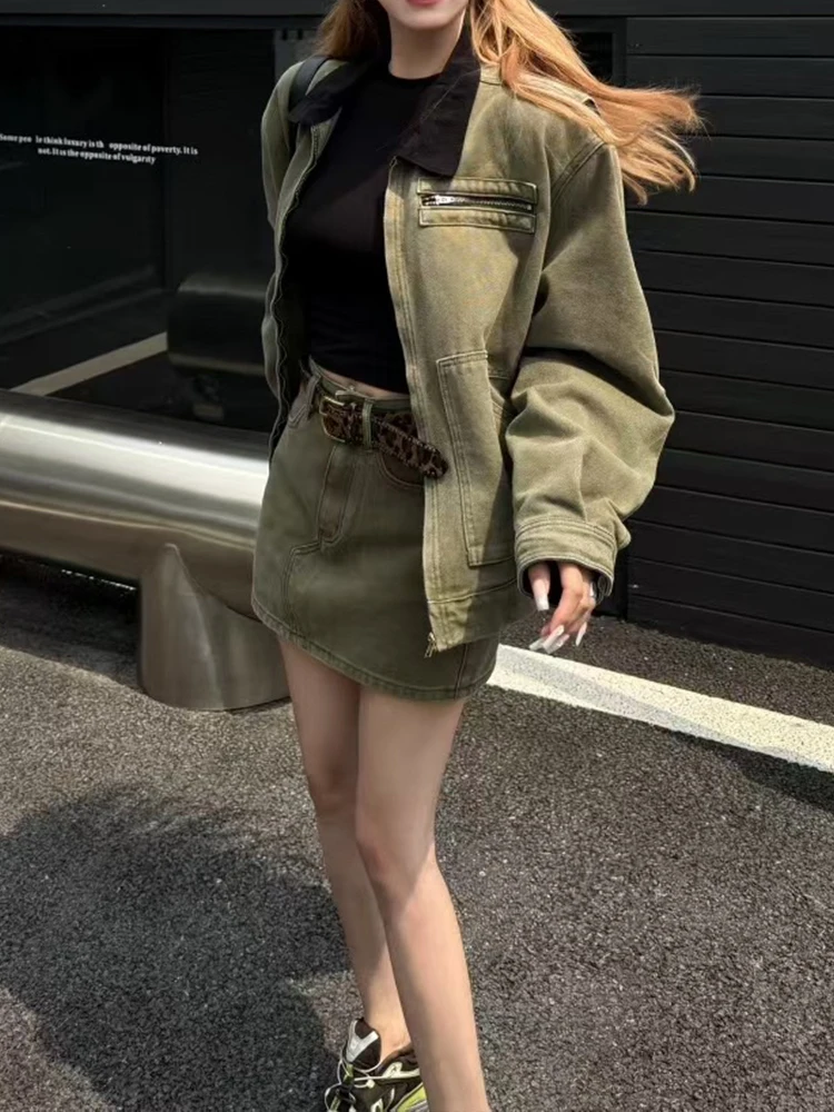 

American Retro Denim Set Women's Spring Autumn Loose Jaet Top f Skirt Two-Piece Suit Casual Warm High Waist Zipper