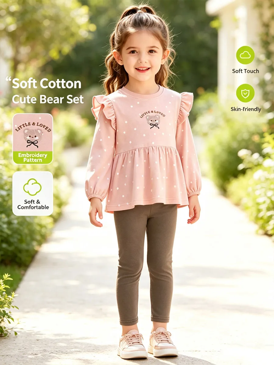 Girls 2 Piece Outfit Long Sleeve Ruffle Shoulder Polka Dot Bear Embroidery Top Solid Leggings Cotton Kids Fall Clothing Set