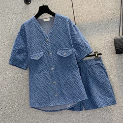 Women Vintage Jacquard Denim 2 Piece Suit Shirt Top And Short Pant Two Piece Set Matching Outfit Female y2k Fashion Clothing
