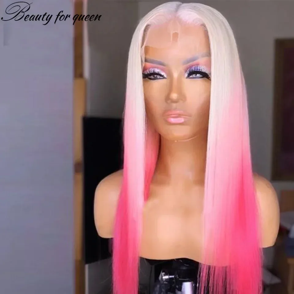 613ブロンドピンクストレートショートボブレースフロントウィッグブラジル産レミー13x4人毛ウィッグ100%美しい女の子がウィッグをかぶっていることは素晴らしいです