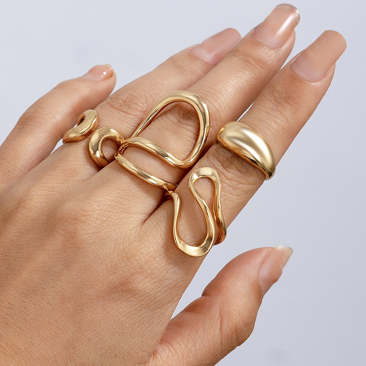 SHIXIN 4Pcs Creative Irregular Hollow Curve Open Ring Set for Women Punk Gold Color Geometry Finger Ring Party Wedding Jewelry