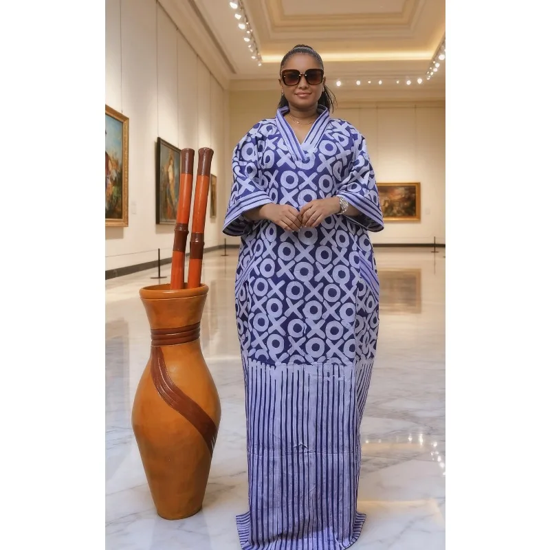 

African Dresses For Women Traditional Plus Size Africa Clothing Loose Print Lace Up Coollar Maxi Dress Robe