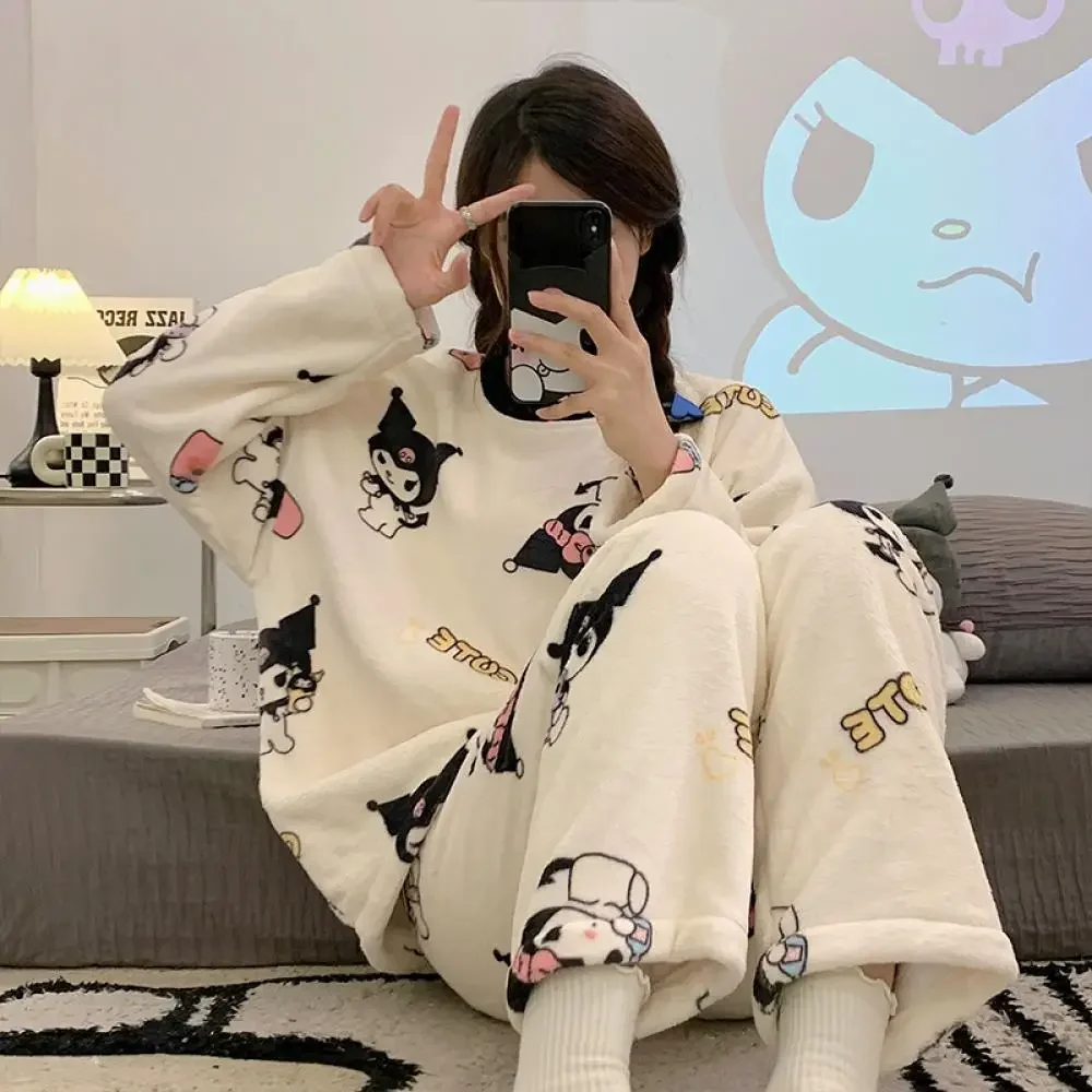 Sanrios Plush Pajamas Suit Hello Kitty Kuromi Women Anime Kawaii Winter Soft 2Pcs Loungewear Girls Cute Long Sleeves Homewear