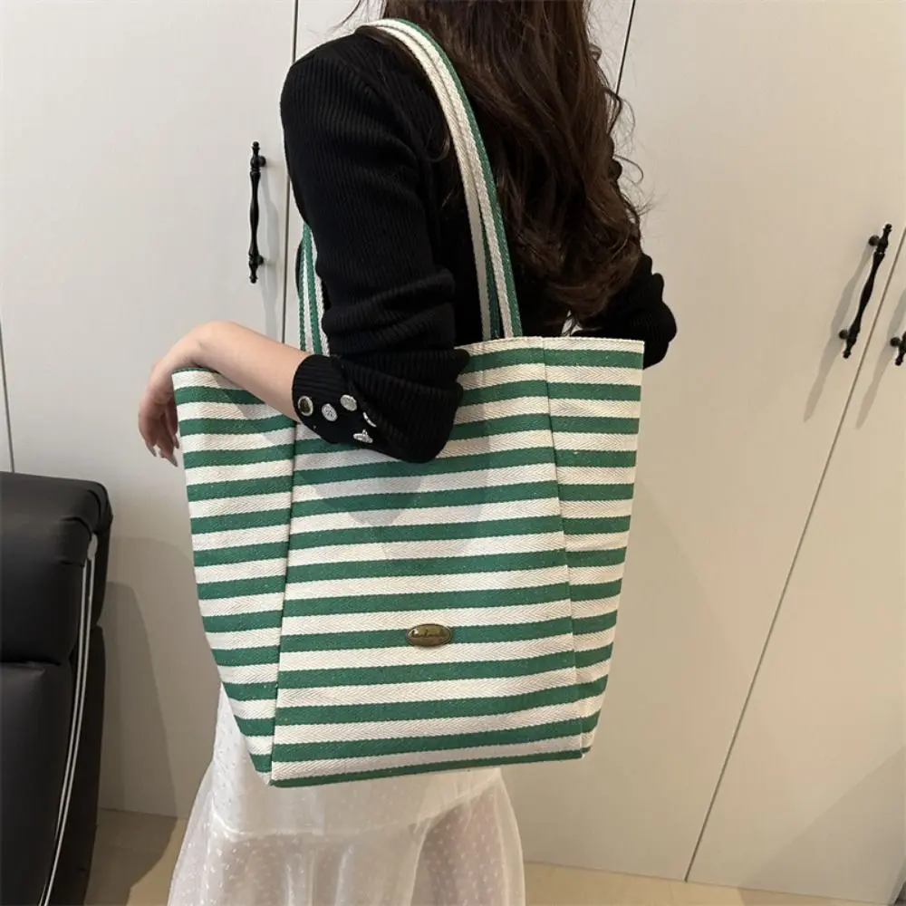 

Leisure Commute Stripe Canvas Bag Striped Korean Style Cloth Shoulder Bag Letter Large Capacity Tote Bag Girls