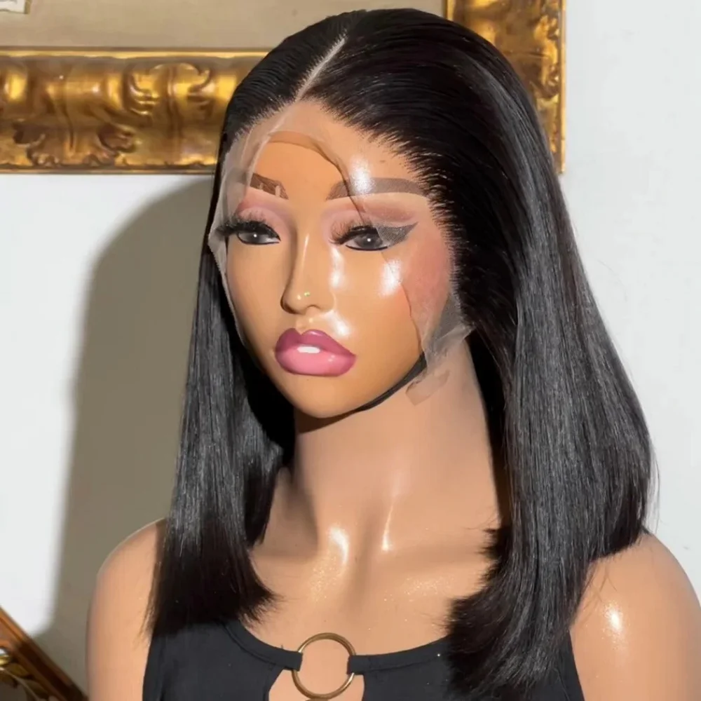 

Straight Short Bob 13x4 Lace Front Wigs Brazilian Remy 100% Human Hair 4x4 Closure Transparent Lace Wigs 220% For Women 14 Inch