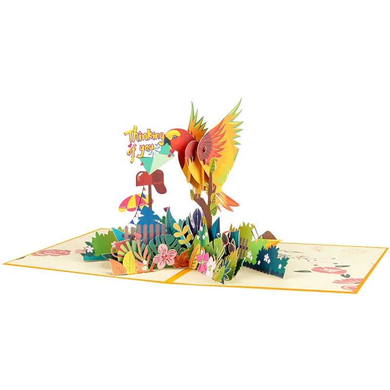 بطاقة منبثقة لشكرك بطاقة تهنئة ثلاثية الأبعاد مع مغلف ببغاء مصنوع يدويًا يمرور على التفكير بطاقة زهرة الطيور