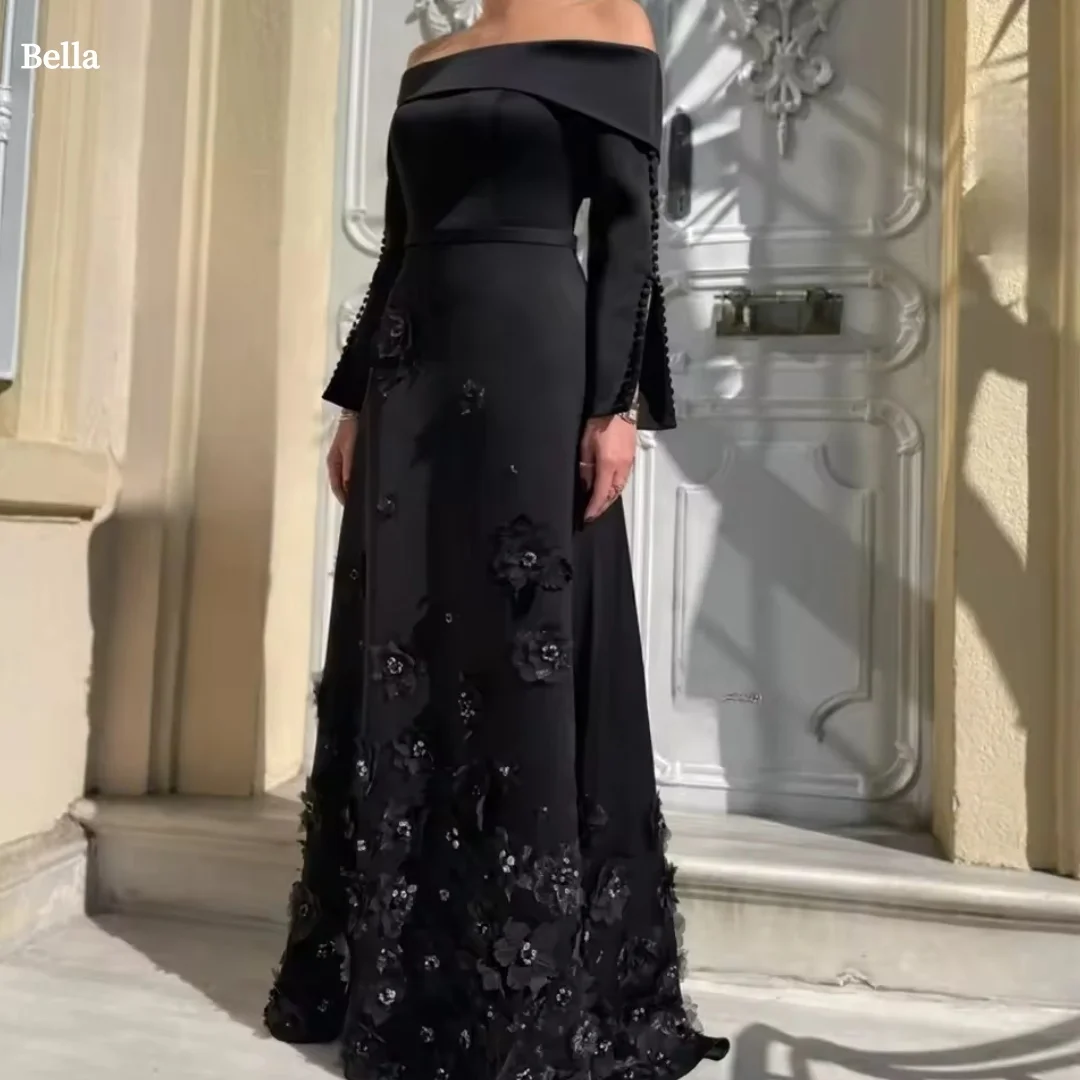 

Черное платье для выпускного вечера Bella по индивидуальному заказу с открытыми плечами и длинными рукавами, вечерние платья с 3D цветами и пайетками, вечерние платья длиной до пола, вечерние платья