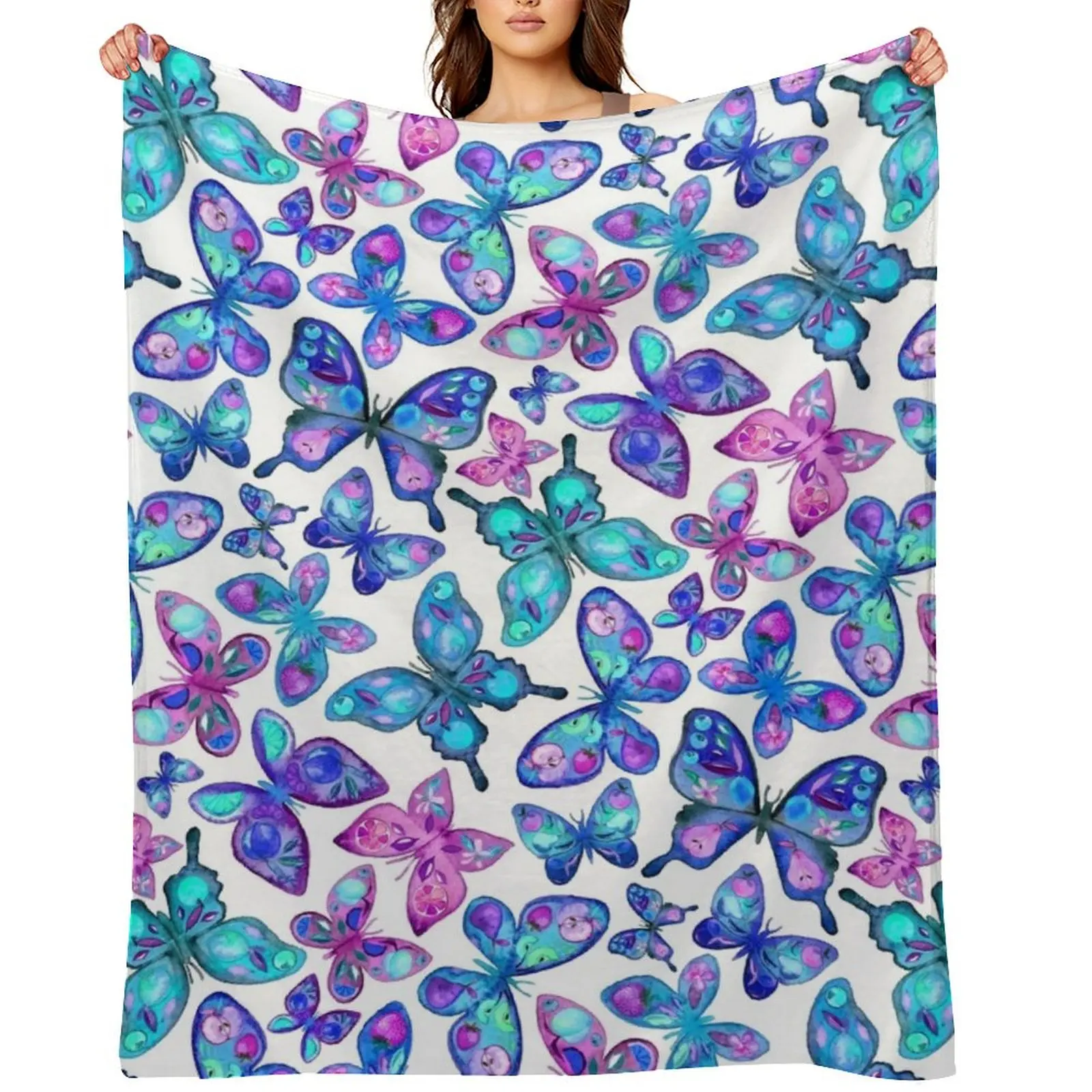 Watercolor Fruit Patterned Butterflies - aqua and sapphire Throw Blanket Camping Travel cosplay anime Retros Blankets