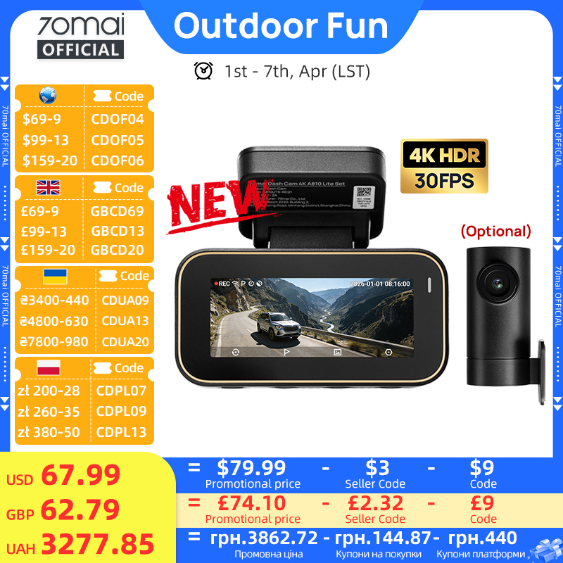  70mai New Genuine Dash Cam 4K A810Lite HDR Supercapacitor 4G LTE Remote Control Wi-Fi 6 GPS Voice Control Car DVR 70mai A810Lite 
