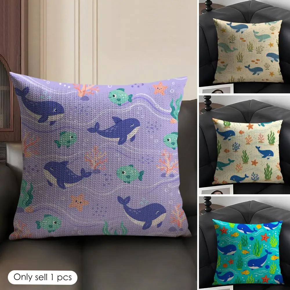 Cartoon Whale Cushion Cover Linen Organic Fabric Double-Sided Printing Sofa Breathable Home Decor Gift Pillow Case