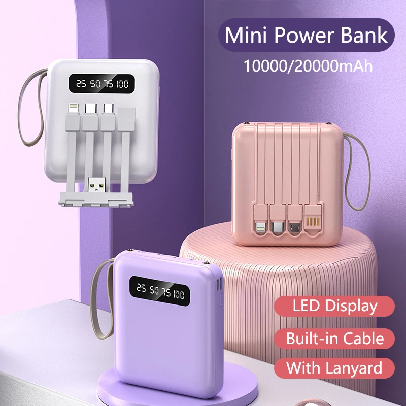 Portable Mini Power Bank 20000mAh Large Capacity Fast Charging Powerbank with 4 Lines External Battery Charger for iPhone Xiaomi