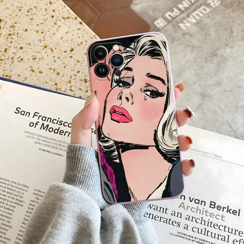 Black Hair Crying Comic Girl Phone Case Candy Color For IPhone 15 14 12 13 11 Pro Max Mini X XR XS Max 7 8 Plus Soft