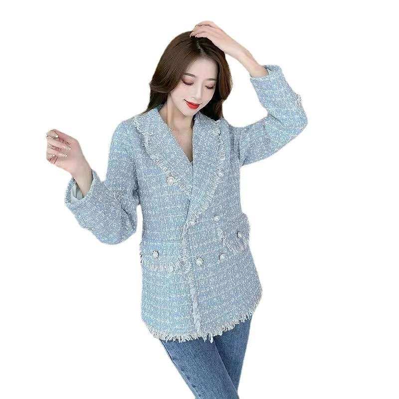 

Women's blue suit with a lapel jacket top, new spring and autumn tweed outerwear