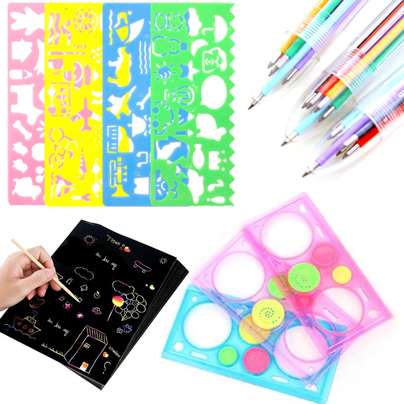 

Набор инструментов для граффити: спирограф, линейка, геометрический шаблон для рисования, шариковая ручка, радужная бумага для скретч-арта, творческий художественный подарок ZYF