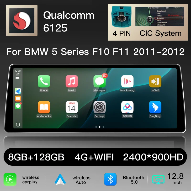 12,8" 2400*900 Snapdragon 6125 Draadloze CarPlay Android 14 Autoradio voor BMW 5 Serie F10 F11 NBT CIC 2011-2017 Scherm Multimedia Speler BT GPS Navigatie Stereo 4G WiFi Head Unit Audio