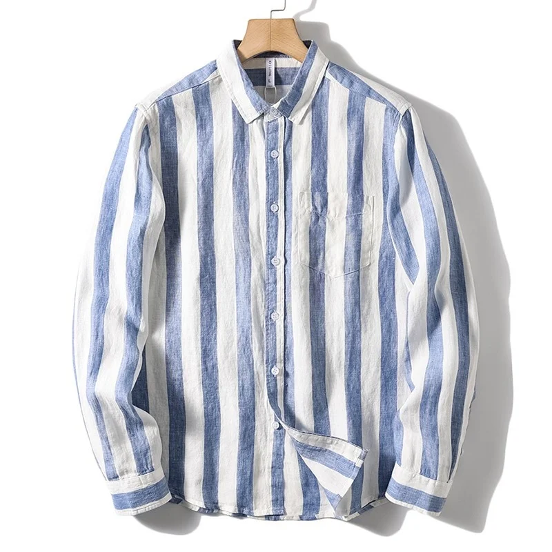 

Top Grade Men Linen Cotton Soft Three Quarter Shirts 2023 New Summer Thin Japan Vintage Korea Style Fashion Striped