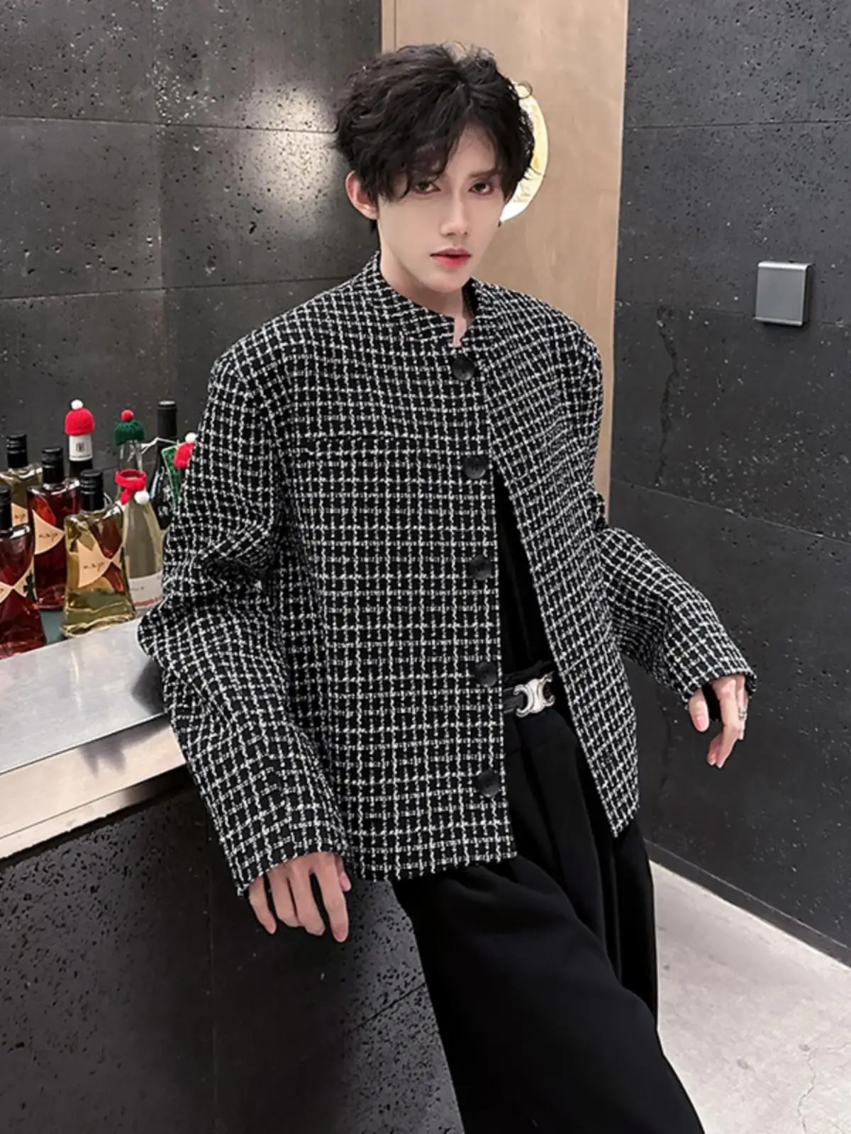 

Premium ort Men's Suit Jaet Spring Autumn Plaid Loose Fit Faionable Youth Polyester Casual Outerwear Button Closure