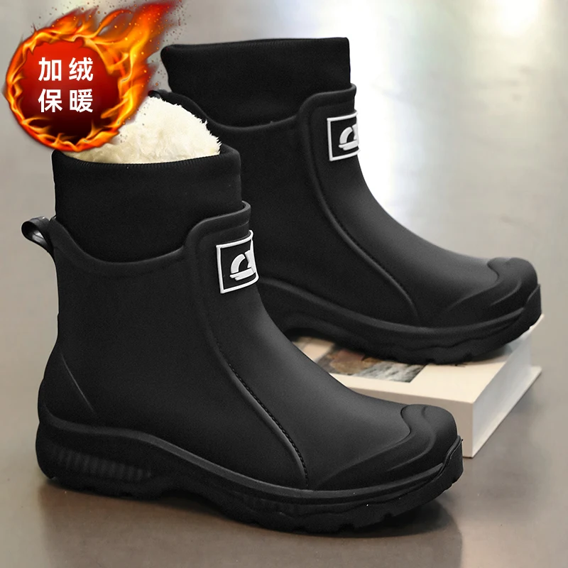 

2026 Winter Windproof Cotton Rain Boots Men Warm Light Ankle Rainboots Fashion Black Slip on Rain Shoes Men Waterproof Work Boot