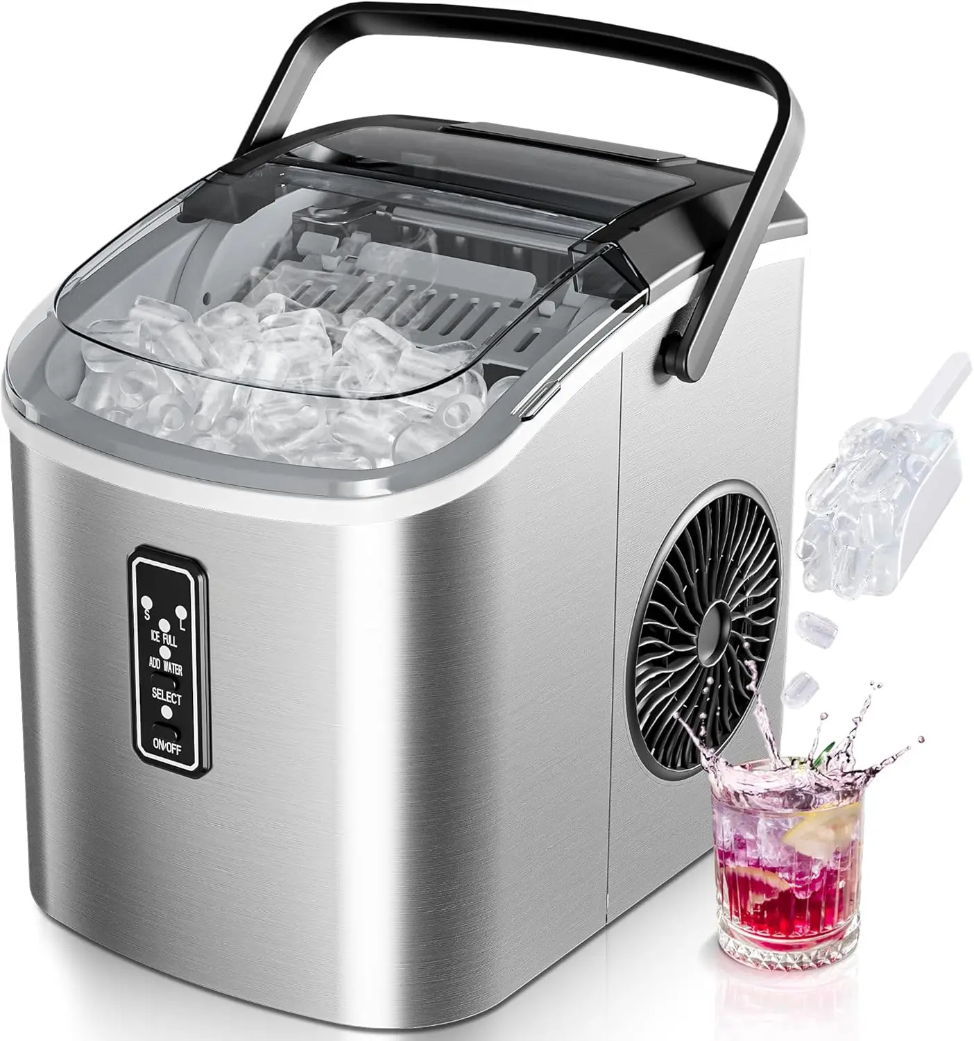

Portable Ice Maker Machine, 9 Cubes in 6 Mins, Self-Cleaning with 2 Ice Sizes for Home Kitchen Office