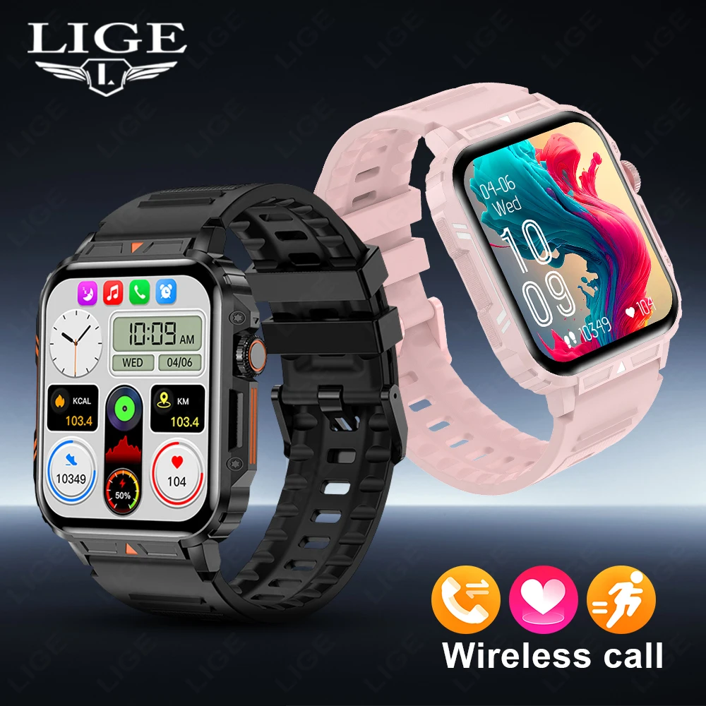 

Смарт-часы LIGE 2026 с экраном 1,95 дюйма, военные, для активного отдыха, мужские, с Bluetooth-вызовами, водонепроницаемые, для спорта и фитнеса, для Android и iOS