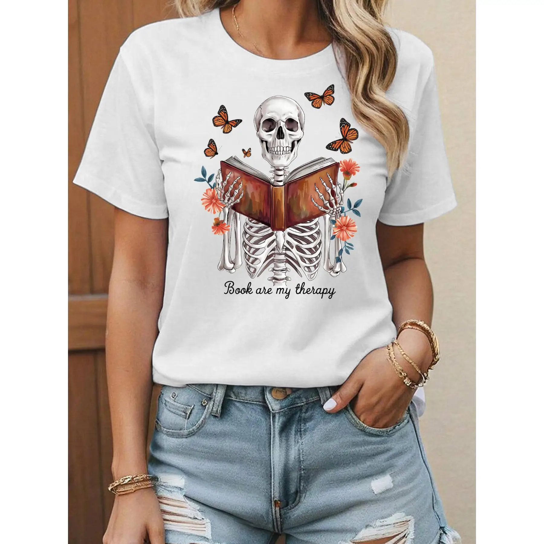 

Reading Skeleton T-shirt, Books are My Therapy Graphic Tee, Funny Reading Lover Top, Dark Academia Streetwear Short Sleeve Shirt