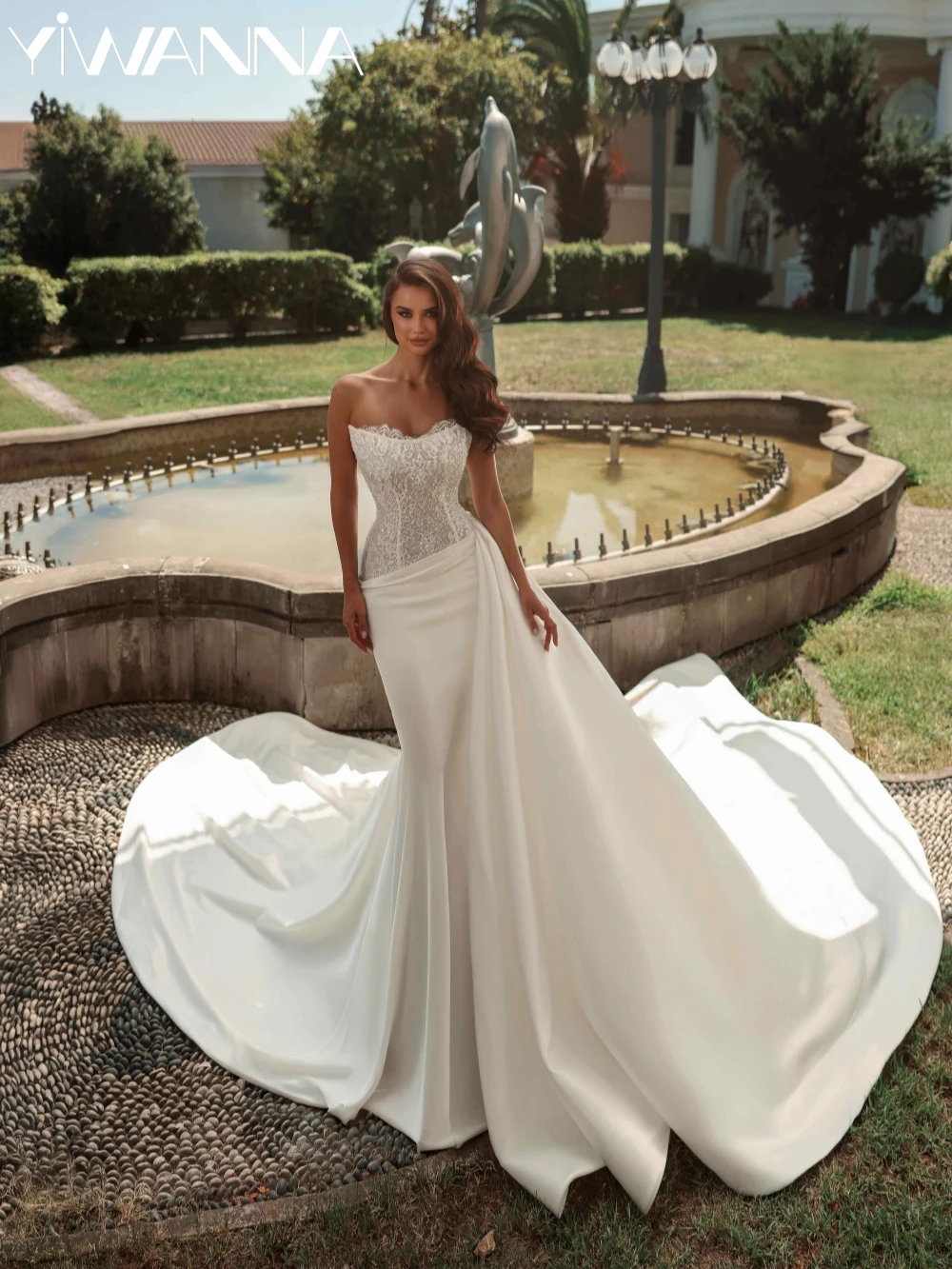 

Detachable Train Beaded Lace Mermaid Long Wedding Dress Ivory Satin Strapless Bridal Gown Customized Elegant Dresses For Bride
