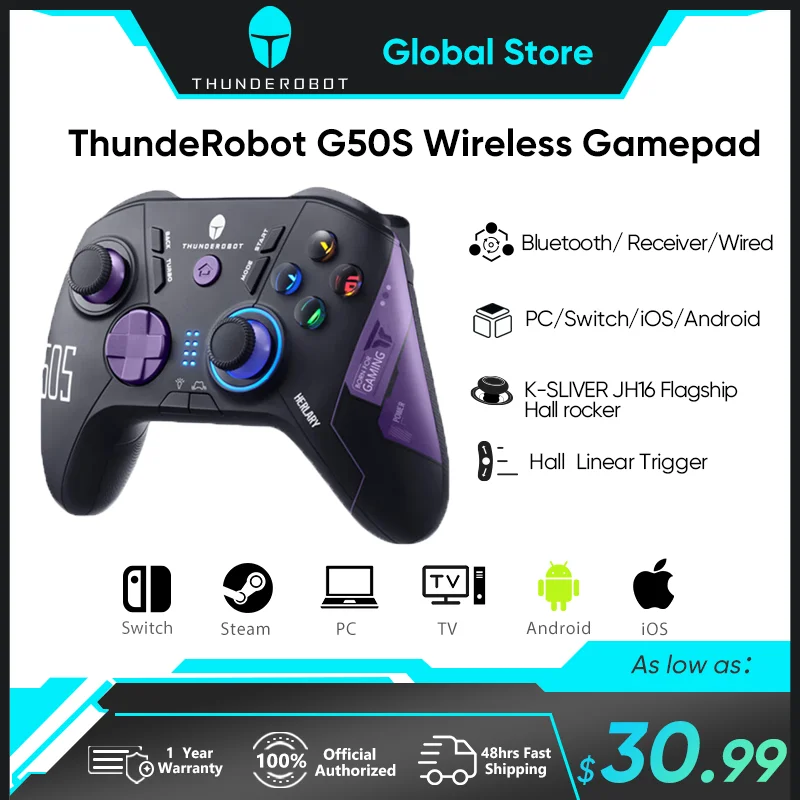 THUNDEROBOT G50S Wireless Gamepad 1000Hz Return Rate Three Mode Gaming Controller with Hall Trigger for PC/Nintendo Switch/Phone