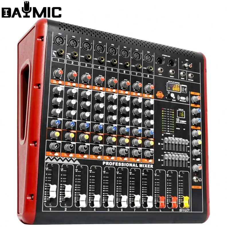 Professional build in power amplifier 8 channel audio mixer with dual wireless microphone