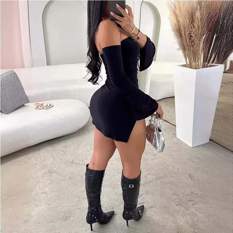 Women Strapless Backless Mini Dress For Women Black Off-shoulder Long Sleeve Bodycon Club Party Dress Clothes