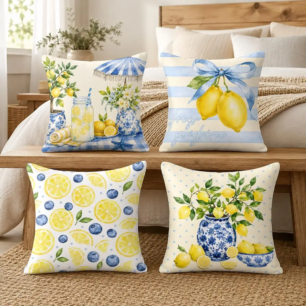 Summer Lemon Blue Cushion Cover Silky Short Plush Invisible Zipper Dustproof Sofa Pillow Case For Home Decor