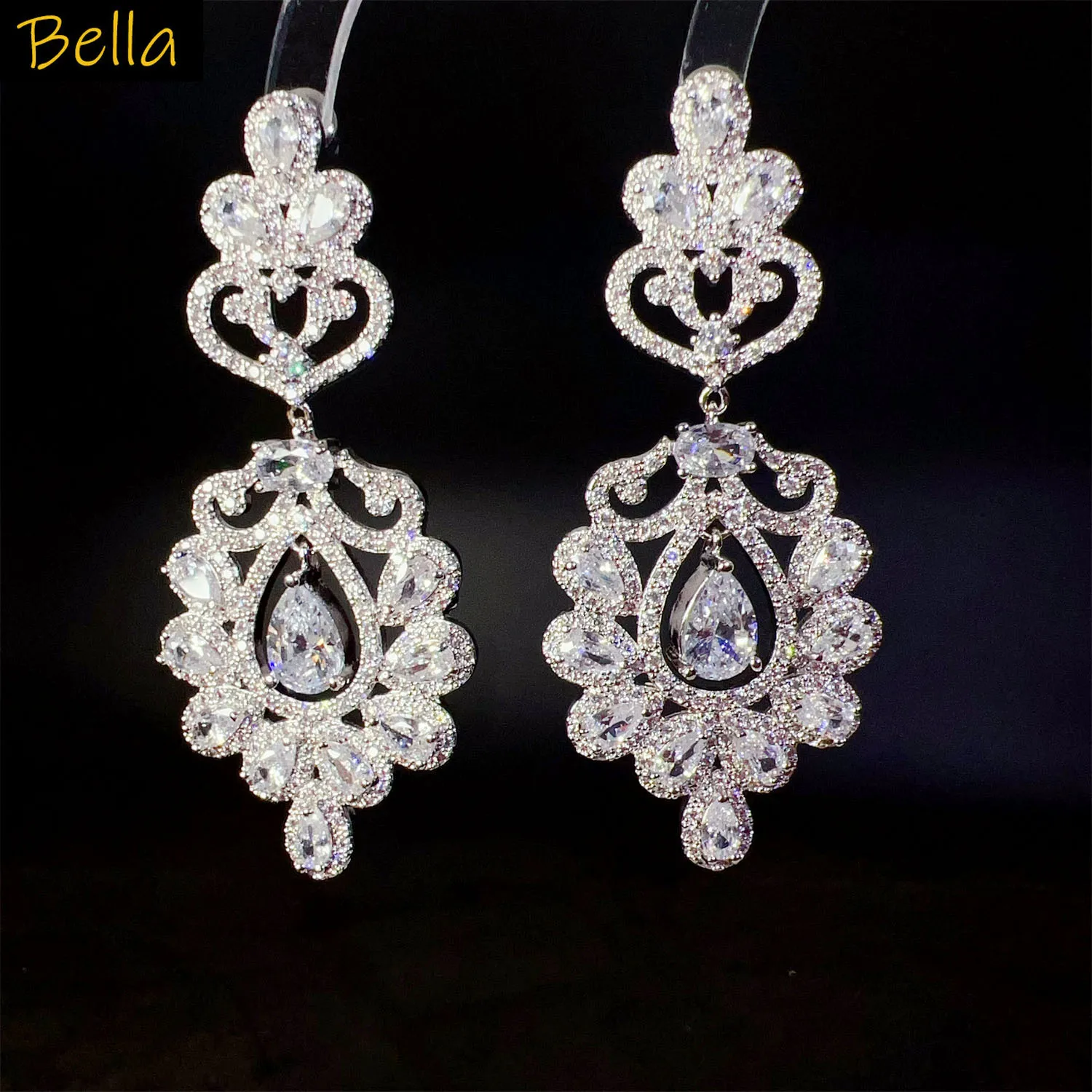 

silver color earrings women wedding party luxury jewelry sparkly zirconia dangling earrings