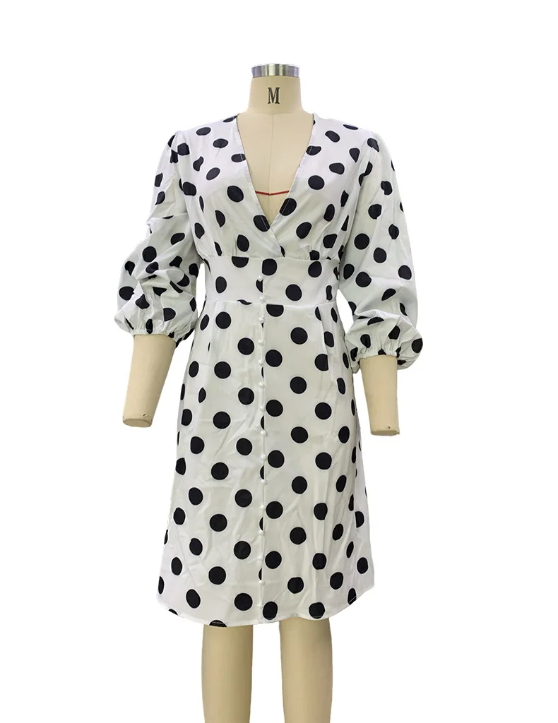 Women Elegant Polka Dot Mini Dress Lady 3/4 Lantern Sleeve Sexy Deep V-Neck High Waist Street Wear Casual Dresses