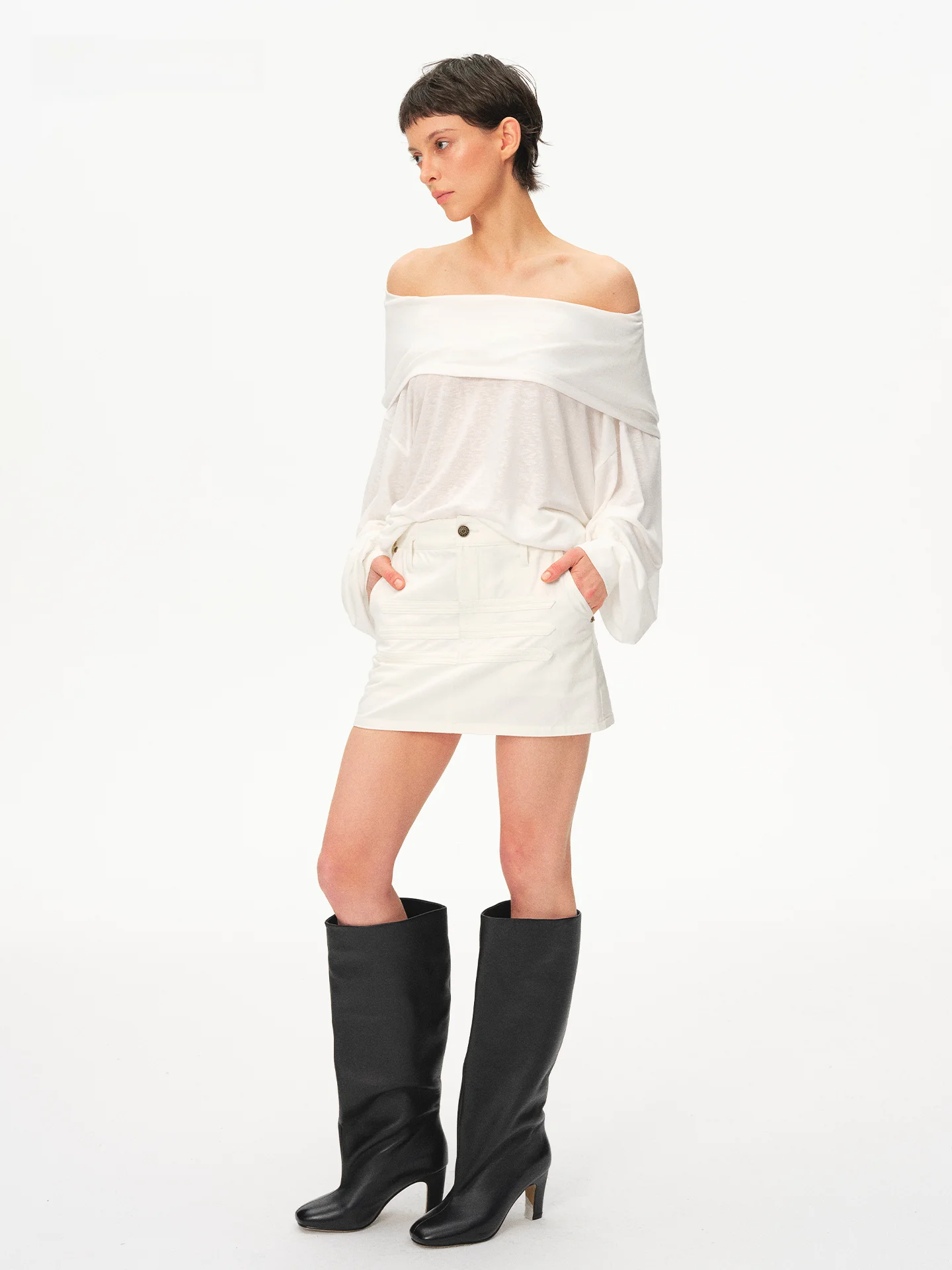 BGT Women's White One-Shoulder Knitted Long Sleeve T-Shirt Thin Silk Base Shirt Two-Way Wear Sunshade Cover up Loose Fit