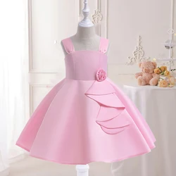 Summer Pink Flower Bridemaid Girls Dress Elegant Wedding Party Princess Prom Gown Kids Dresses for Girl Birthday Evening Costume