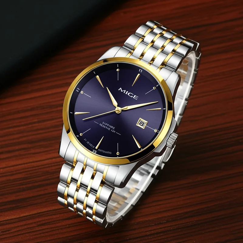 MIGE Original MIYOTA Orologi da uomo Orologio meccanico automatico Orologio da polso con calendario luminoso di lusso impermeabile in acciaio inossidabile