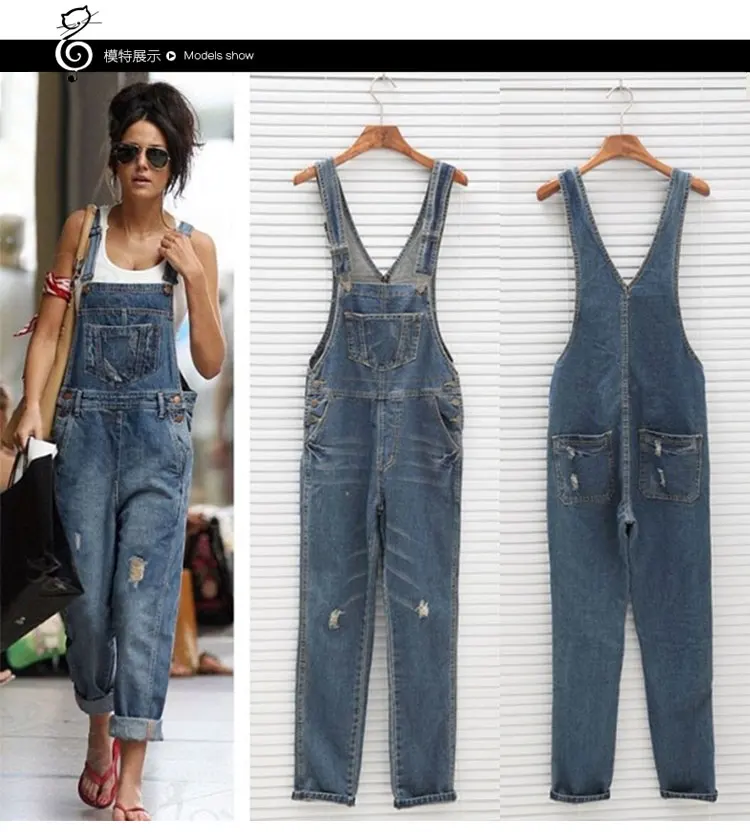 

2023 Autumn Women's Loose Large Size Ripped Shoulder Overalls Straight Leg Fashion Casual Mid-Waist Denim Jumpsuit