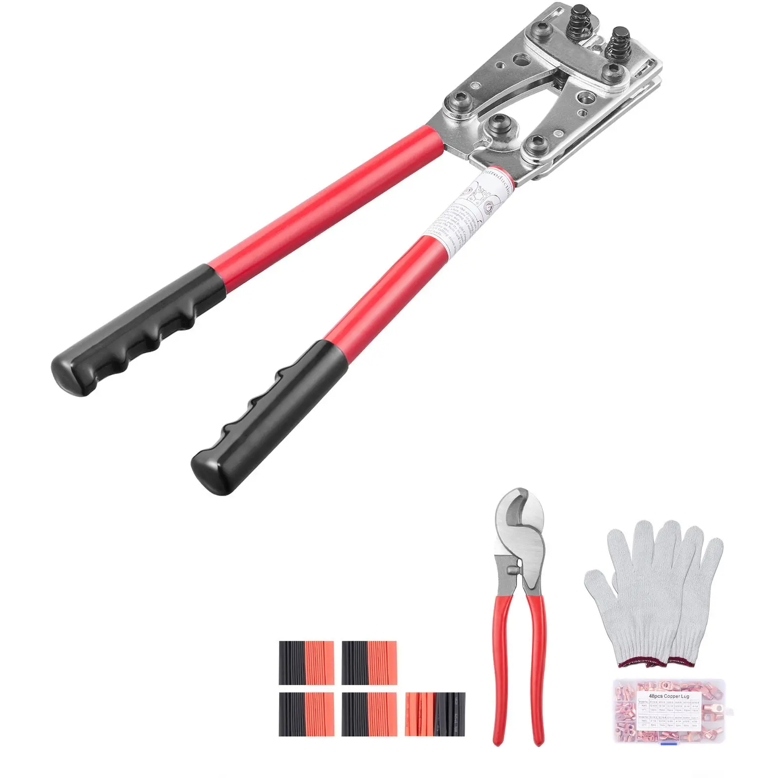 Battery Cable Lug Crimping Tool, 10-1/0AWG with Cutter and 48PCS Copper Ring Terminals, 6 Wire Sizes Die 100pcs Heat Shrink