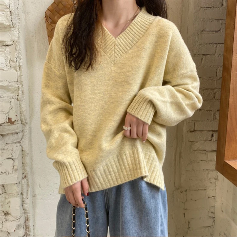 سترة نسائية محبوكة فضفاضة على شكل حرف V لينة زرقاء ربيع الخريف عادية حلوة مباراة طويلة Sve قاعدة Sle اليابانية irt #5