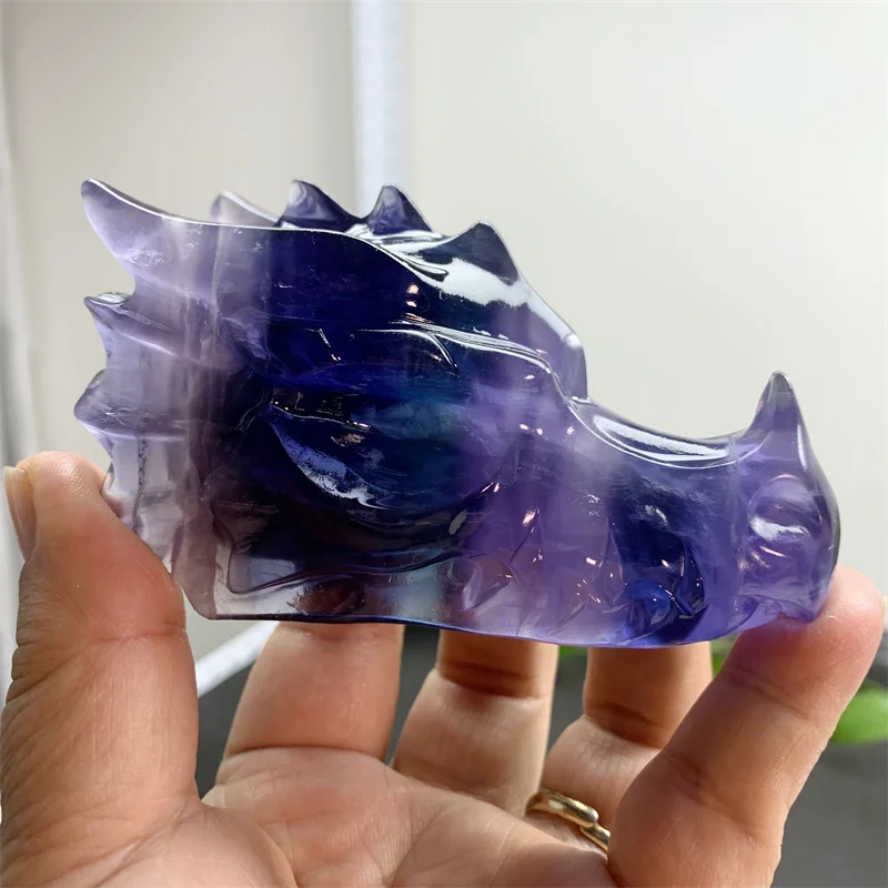 10cm Natural Fluorite Dragon Skull Statue Carving Crystal Skull Polished Figurine Crafts For Decoration Gift Collection 1pcs