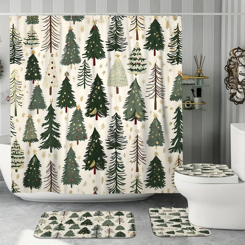 

4pcs Christmas Winter Shower Curtain Set Pine Tree Snowflake Simple Green Brown Shower Curtain Waterproof Polyester Washable f