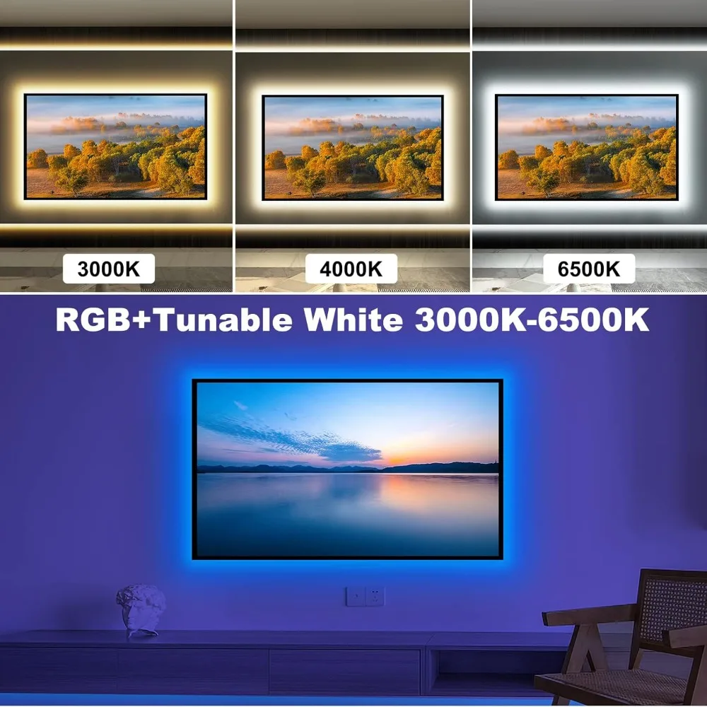 Bluetooth RGBWW LED Lights for 70-75 Inch TV with App Control, RGB+Tunable White 3000K-6500K TV LED Backlight with RF Remote, Mu