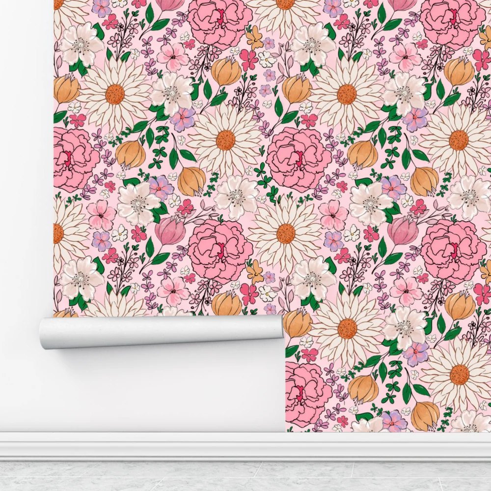 Cross Border Best Selling Self Adhesive Mural Featuring A Pink Bohemian Floral Design Suitable For children's Rooms Living Rooms