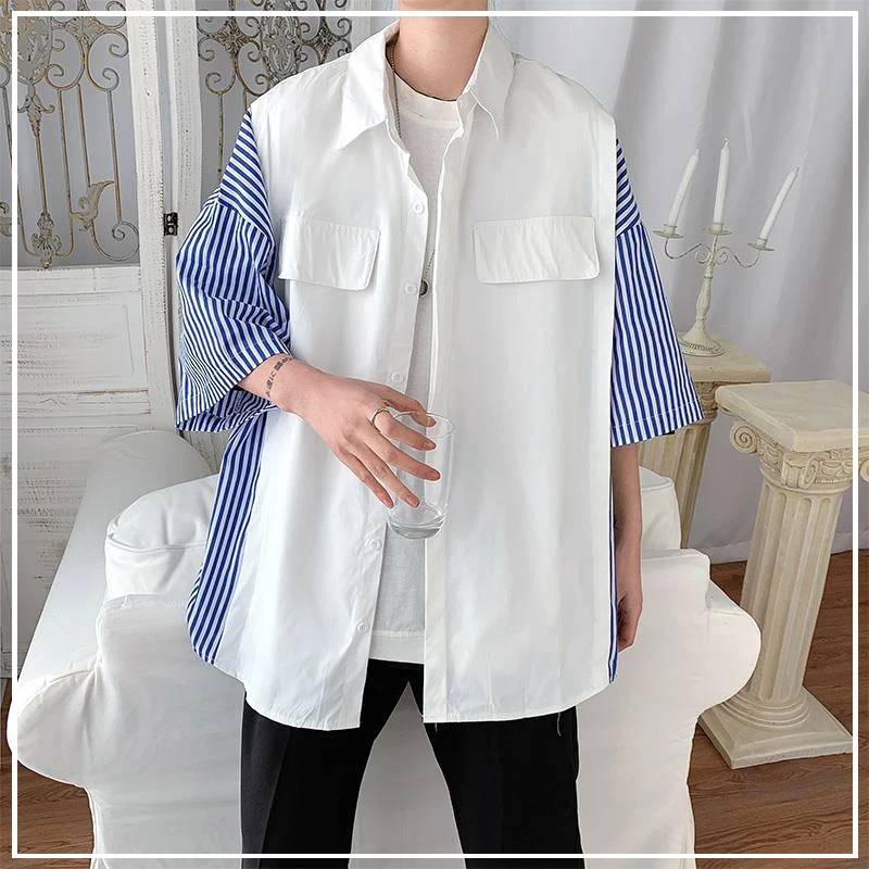 

2024 Summer Korean Edition Academy Style Fashion Polo Collar Color Block Stripe Print Loose Oversize Casual Short Sleeved Shirt