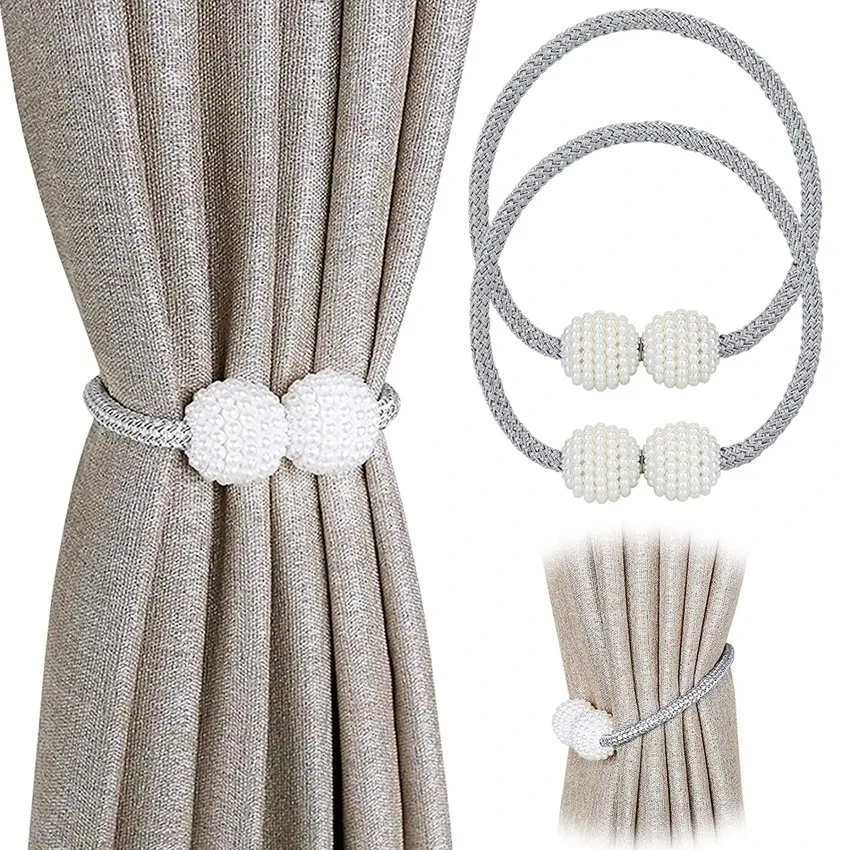 2PCS Magnetic Curtain Holdbacks with Pearl Ball - Elegant European Style No-Drill Curtain Tiebacks, Rope Straps for Heavy Drapes