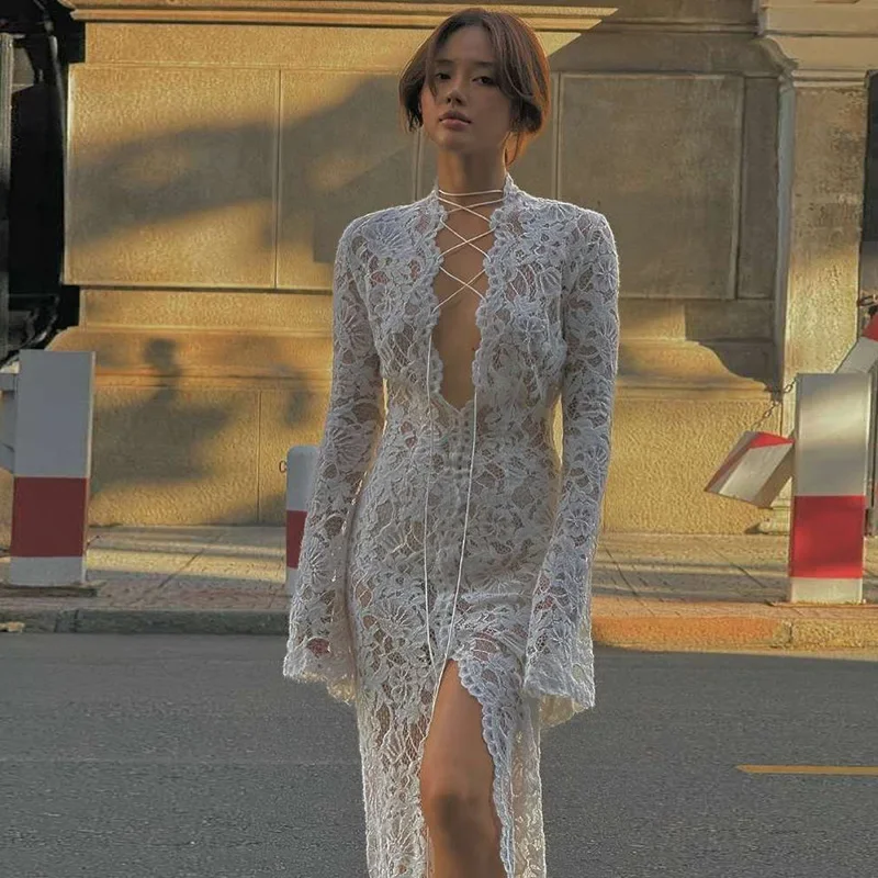 

Women's New Sexy Lace Dress with Hollowed Out Deep V-neck Strap and Slit Long Sleeved Dress m