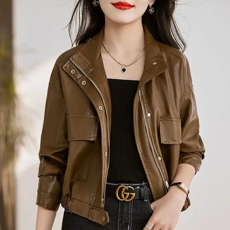 가을 여성 아메리칸 스타일 빈티지 솔리드 보르도 레드 숏 재킷 여성용 지퍼 긴팔 시크 가죽 재킷